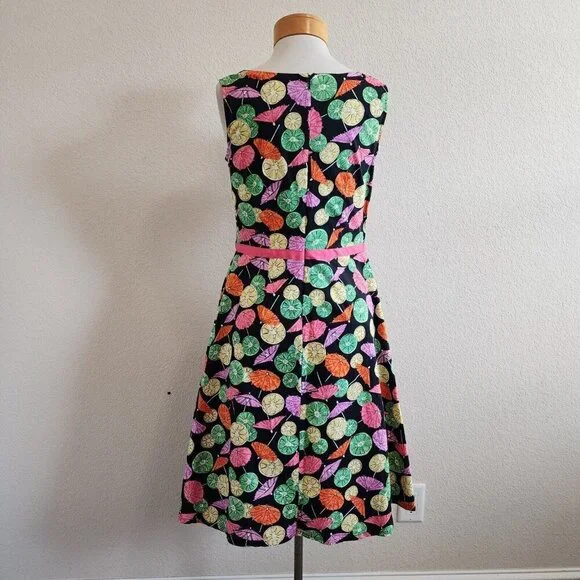 Vintage Requirements Cocktail Umbrella Lemon Lime Novelty Fit Flare Dress 8/S - Picture 5 of 11